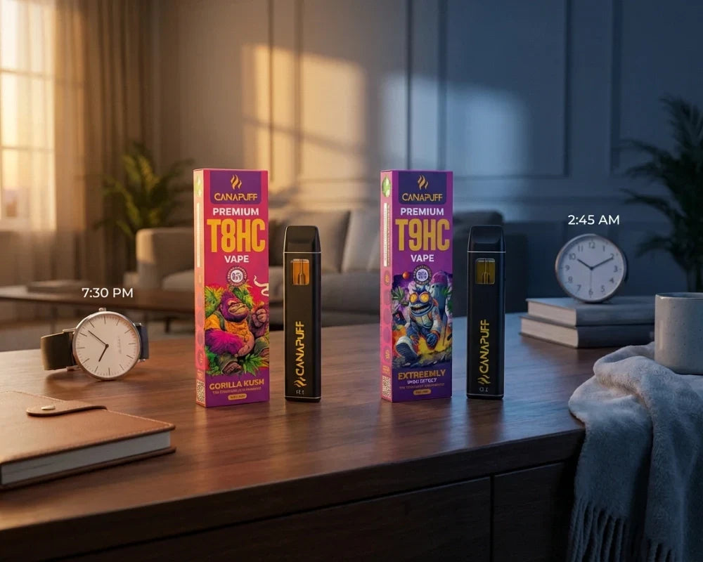 Canapuff T8HC and T9HC vape pens with packaging displayed on desk at different times of day