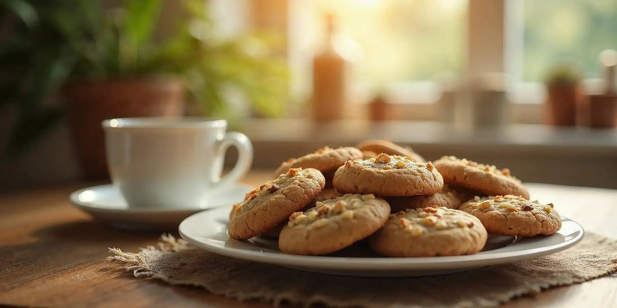 CBD Cookies servidas en un plato con una taza de café