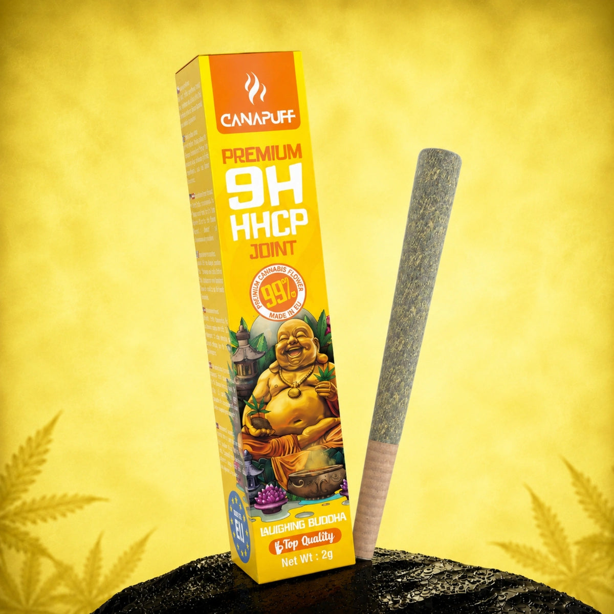 Canapuff 9H-HHCP Joint Laughing Buddha 99% 2g in yellow packaging with joint displayed