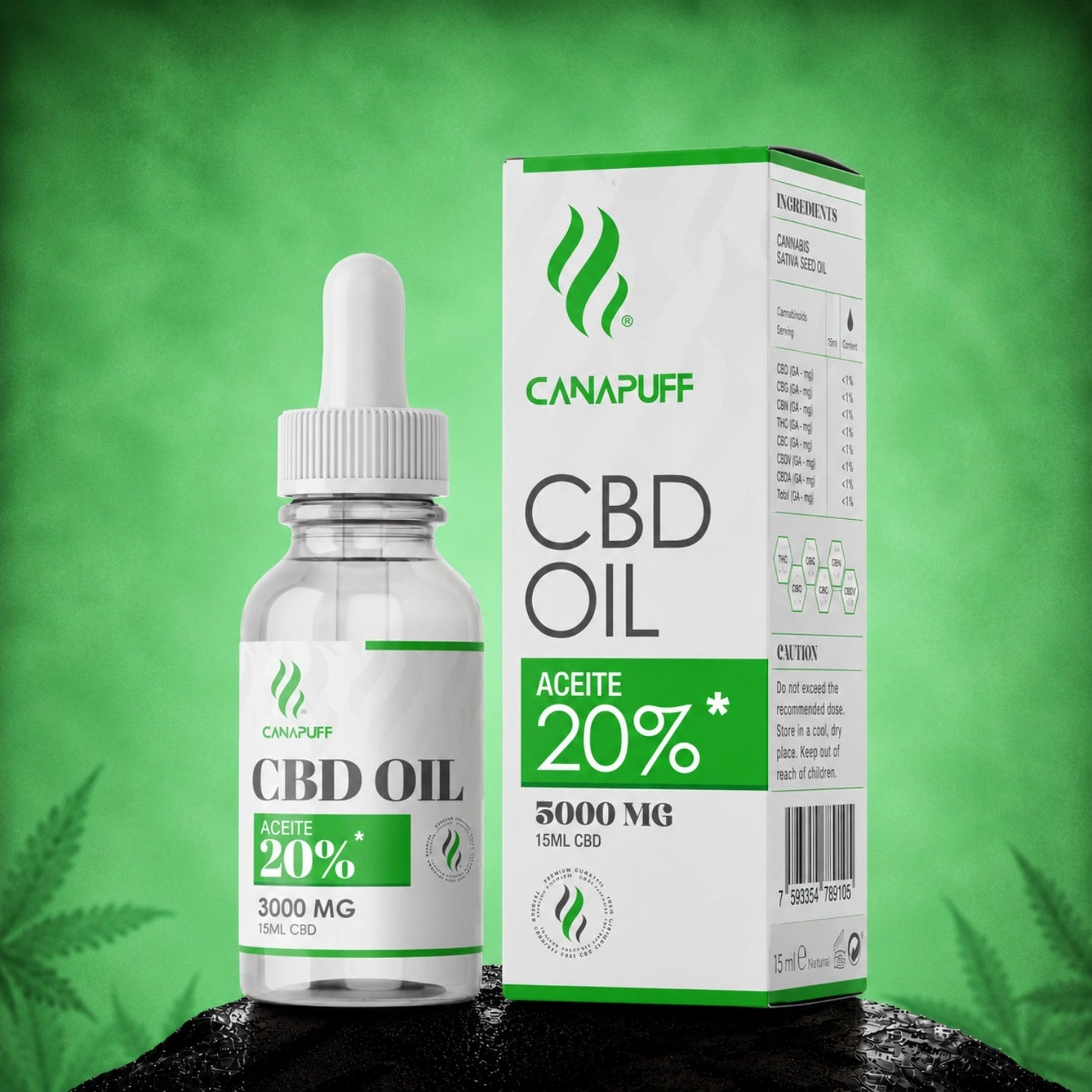 Canapuff CBD Oil 20%, 3000 mg, 15 ml dropper bottle with packaging