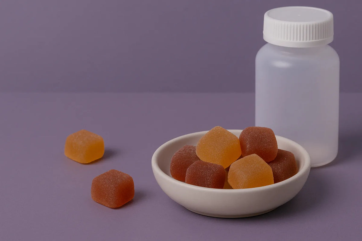 Gummies με CBD και CBN με μελατονίνη σε ένα μπολ με μπουκάλι σε μοβ φόντο