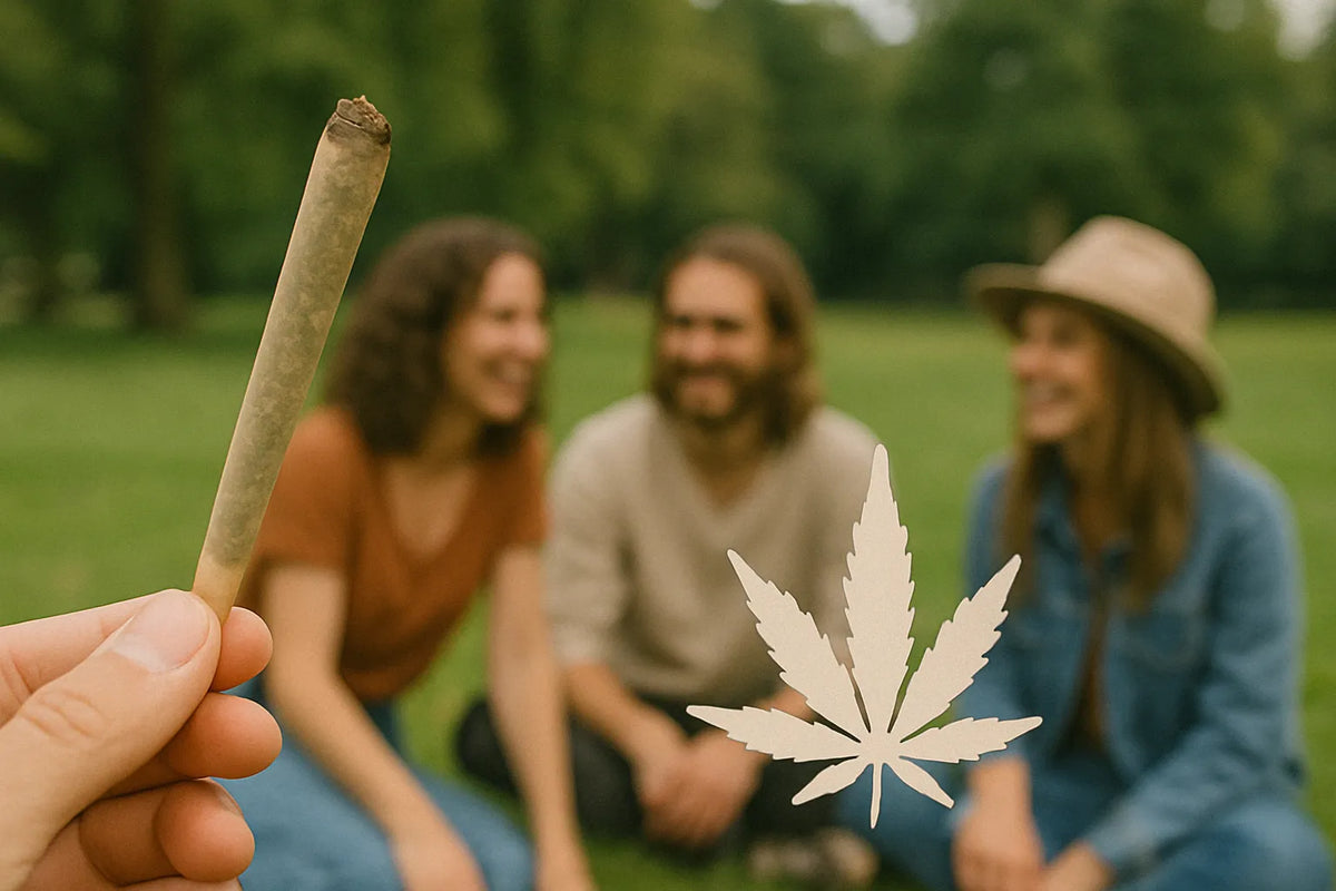 Mano che tiene una cannabis joint davanti a un gruppo di amici seduti sull’erba in un parco