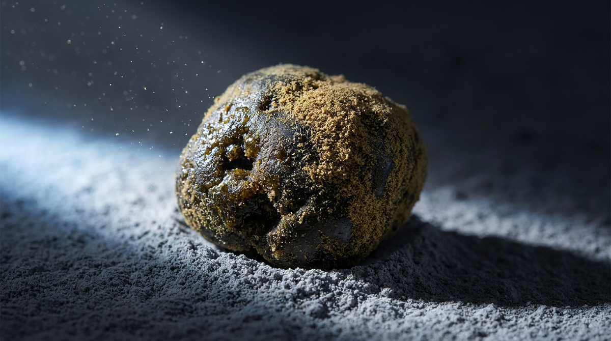 Cannabis moon rock on lunar dust with dramatic raking sidelight and floating kief particles