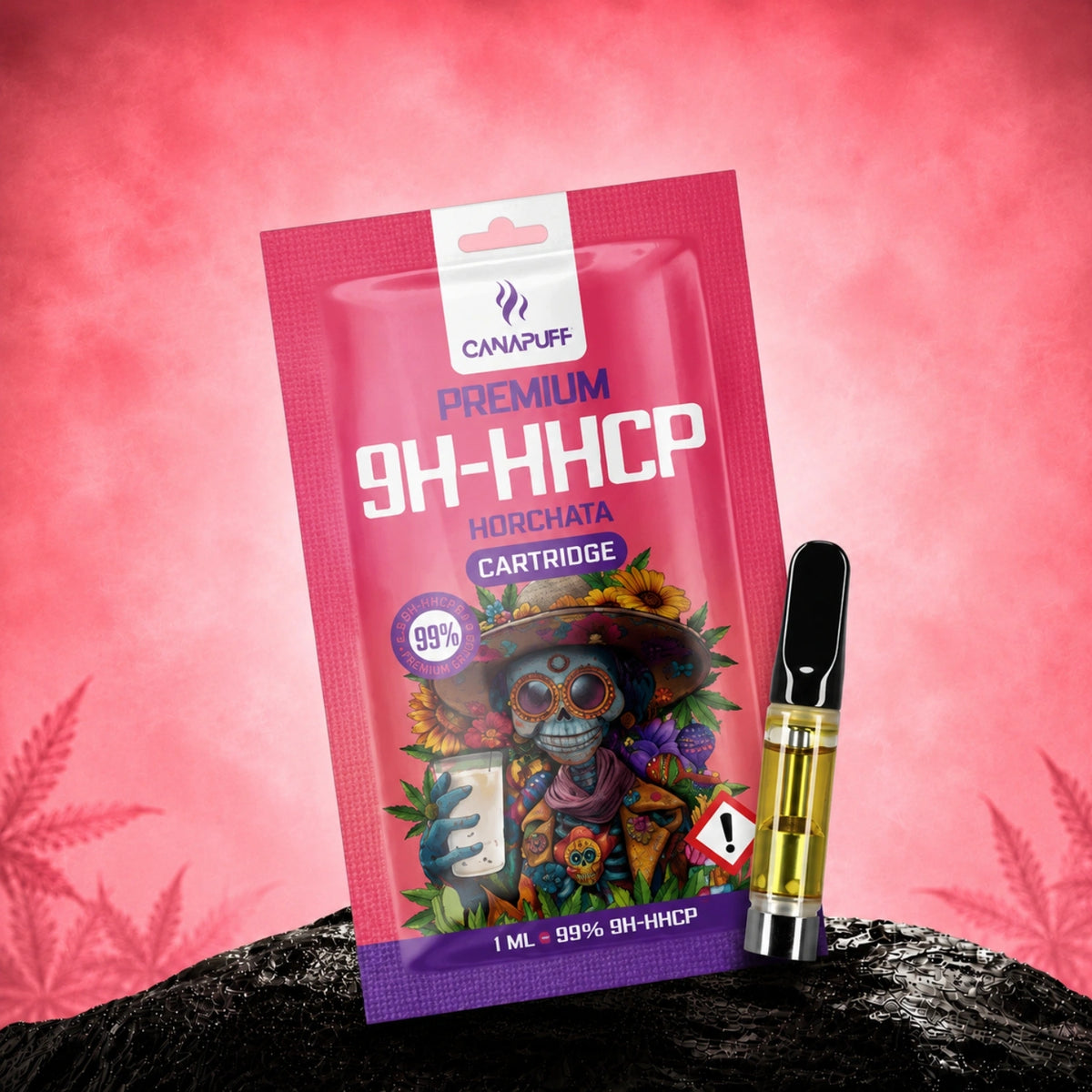 Canapuff 9H-HHCP Horchata cartridge 99%, 1 ml vape cartridge in pink packaging
