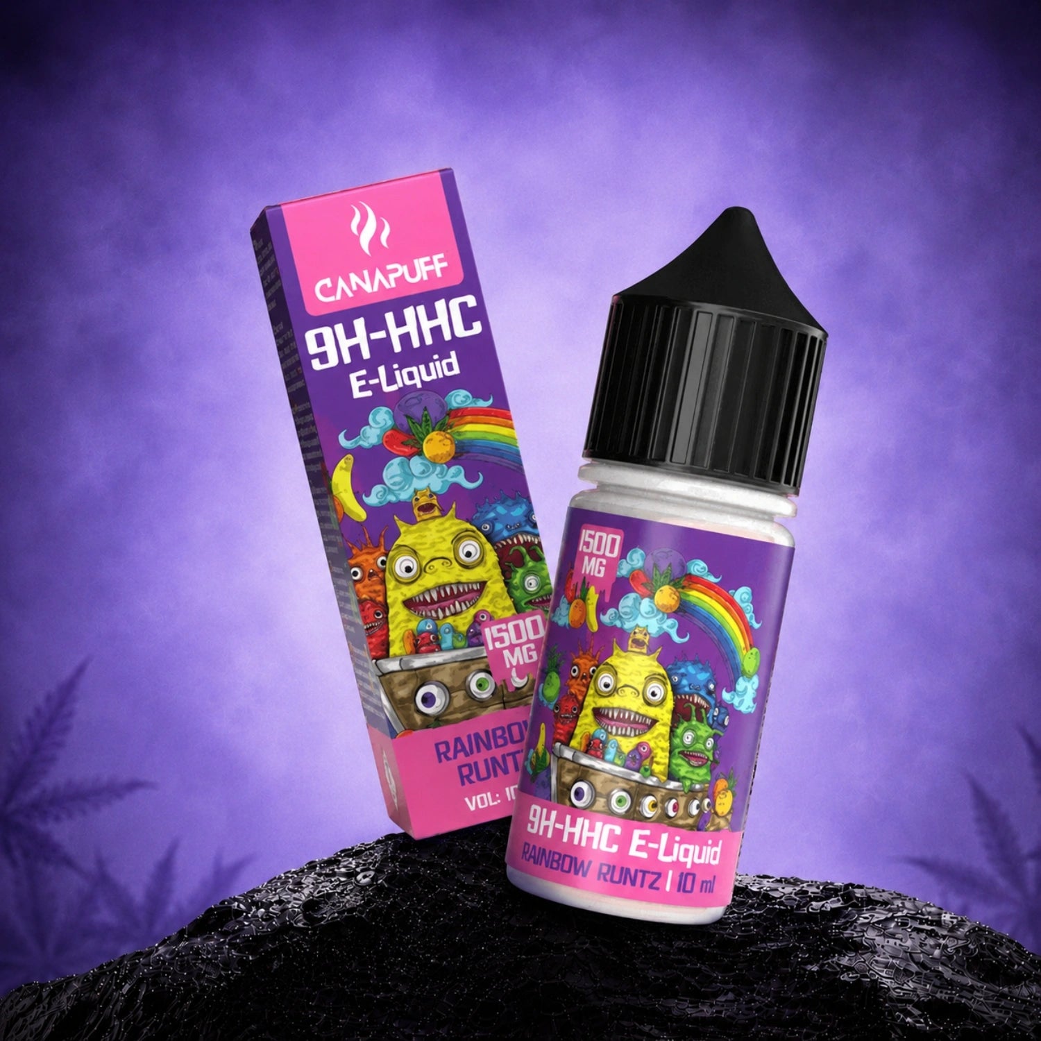 Canapuff 9H-HHC E-Liquid Rainbow Runtz 1500mg in 10ml bottle with box packaging against purple background