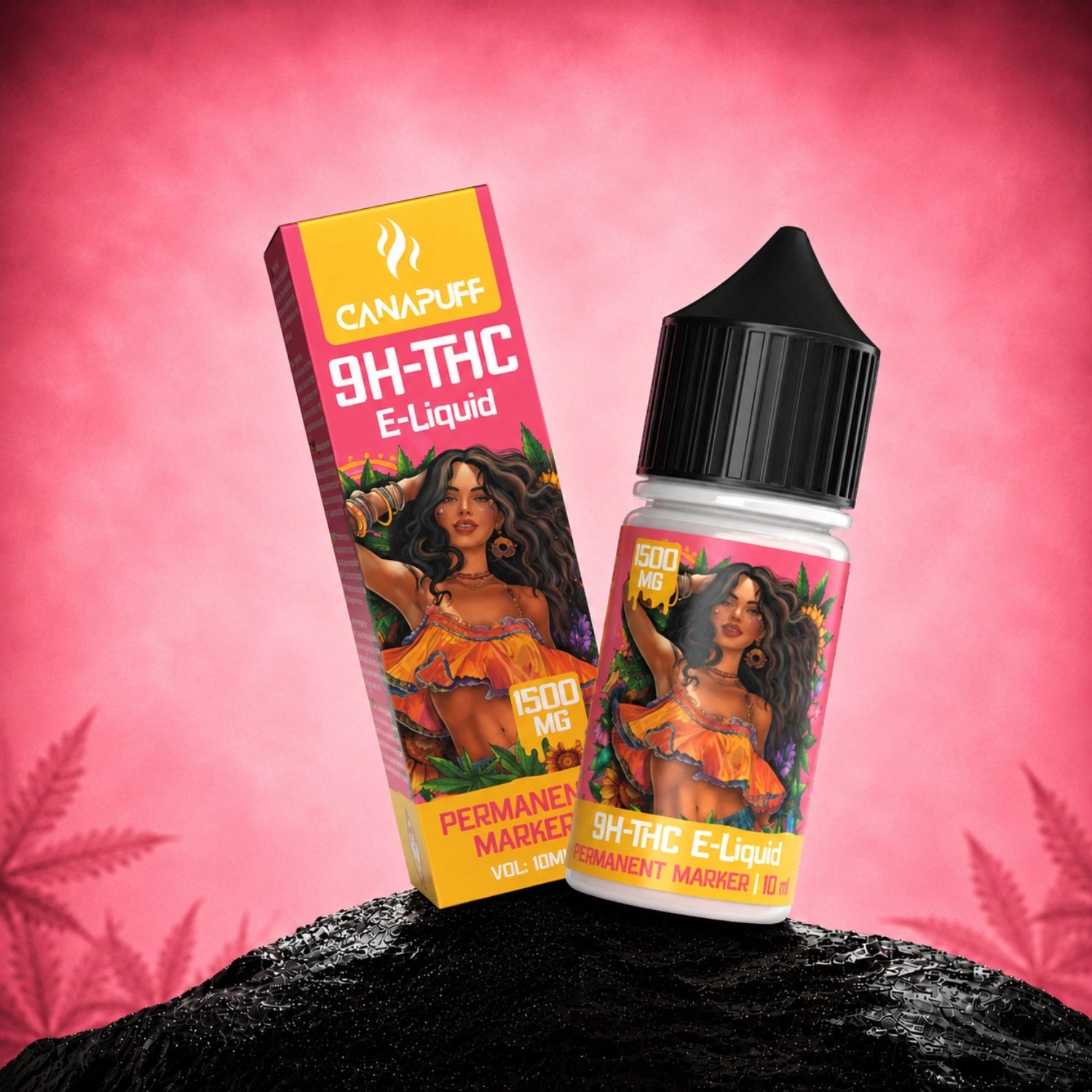 Canapuff 9H-THC E-Liquid Permanent Marker 500 mg, 10 ml vape bottle and box