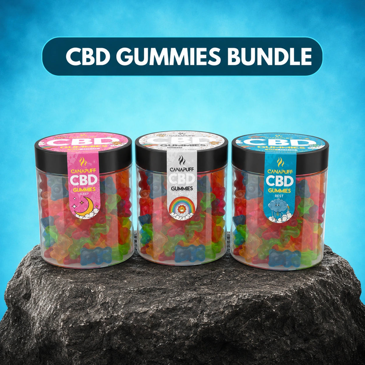 Canapuff CBD Gummies Bundle, 3 jars with mixed flavors and formulations