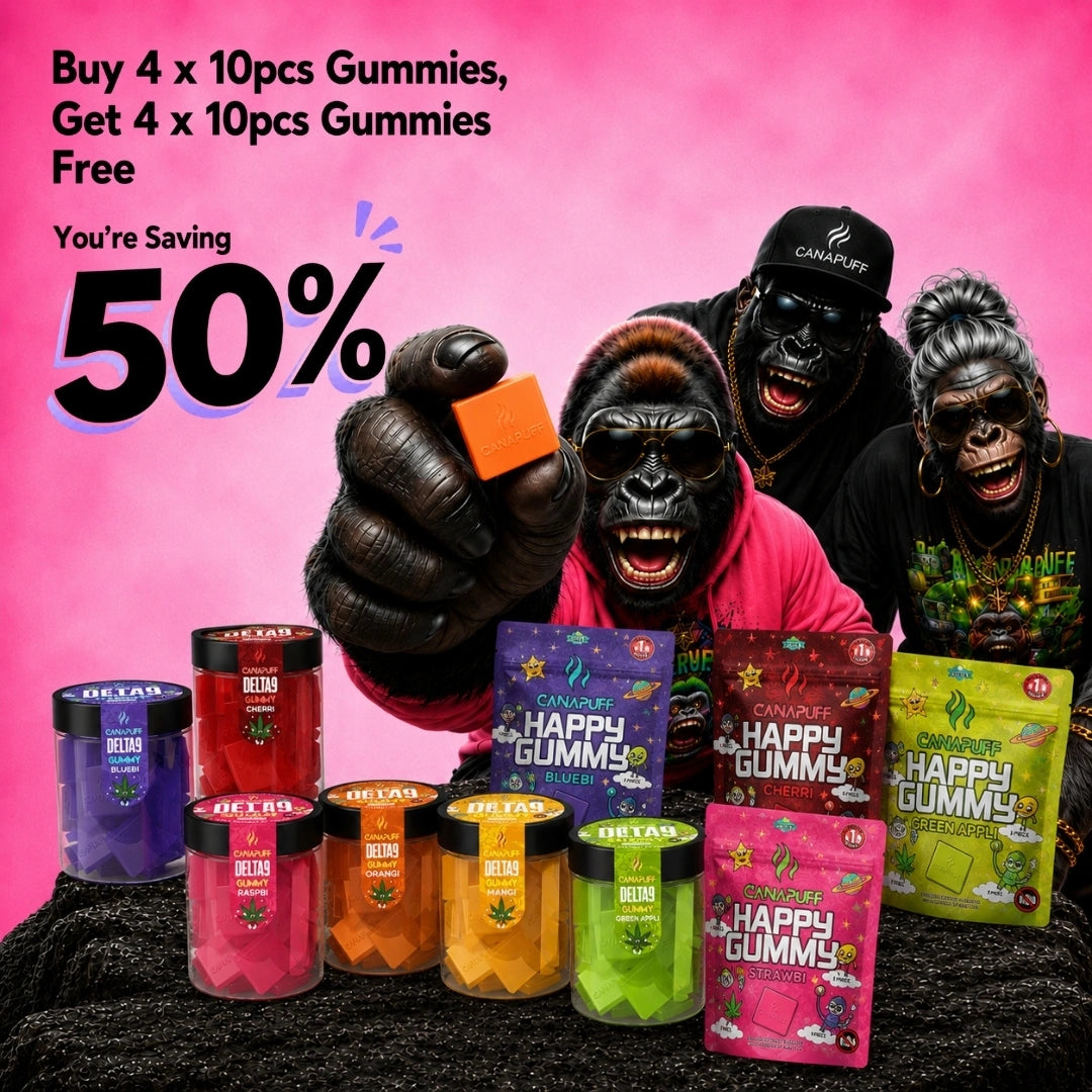 Canapuff Happy Gummy Delta-9 THC bundle promotion featuring multiple flavors and pack sizes