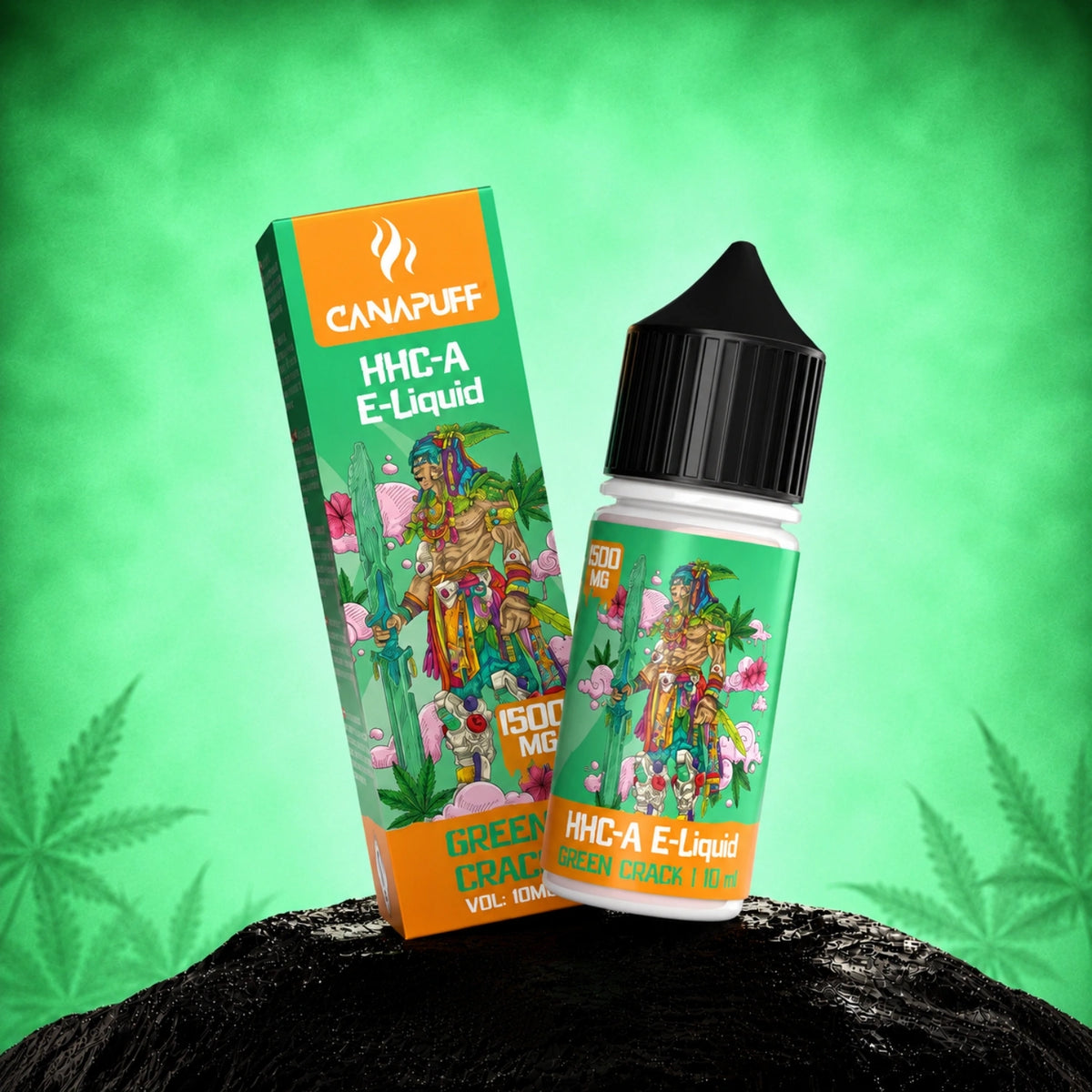Canapuff HHC-A E-Liquid Green Crack 1500mg bottle and box on green background
