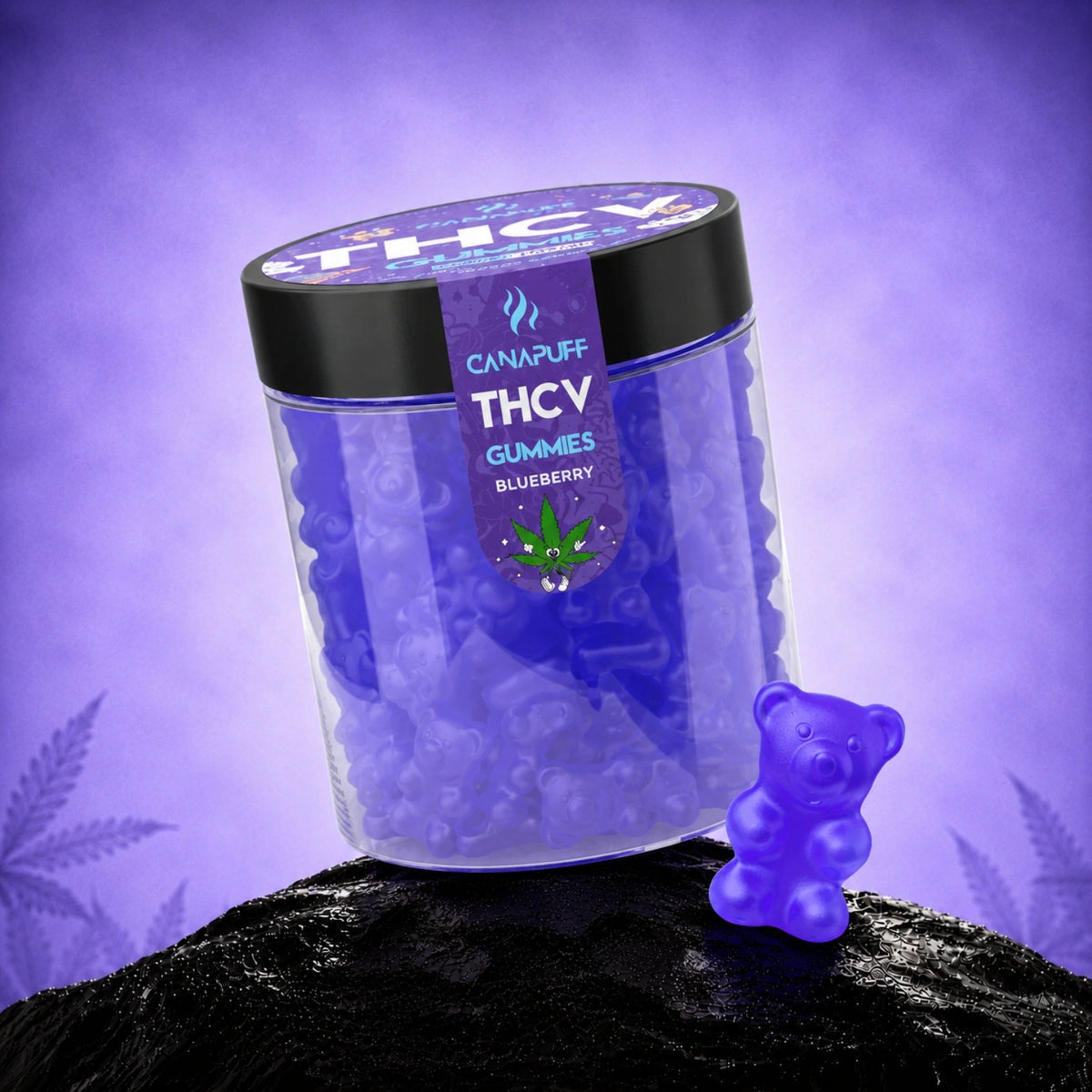 Canapuff THCv Gummies Blueberry in clear jar with black lid and purple gummy bears