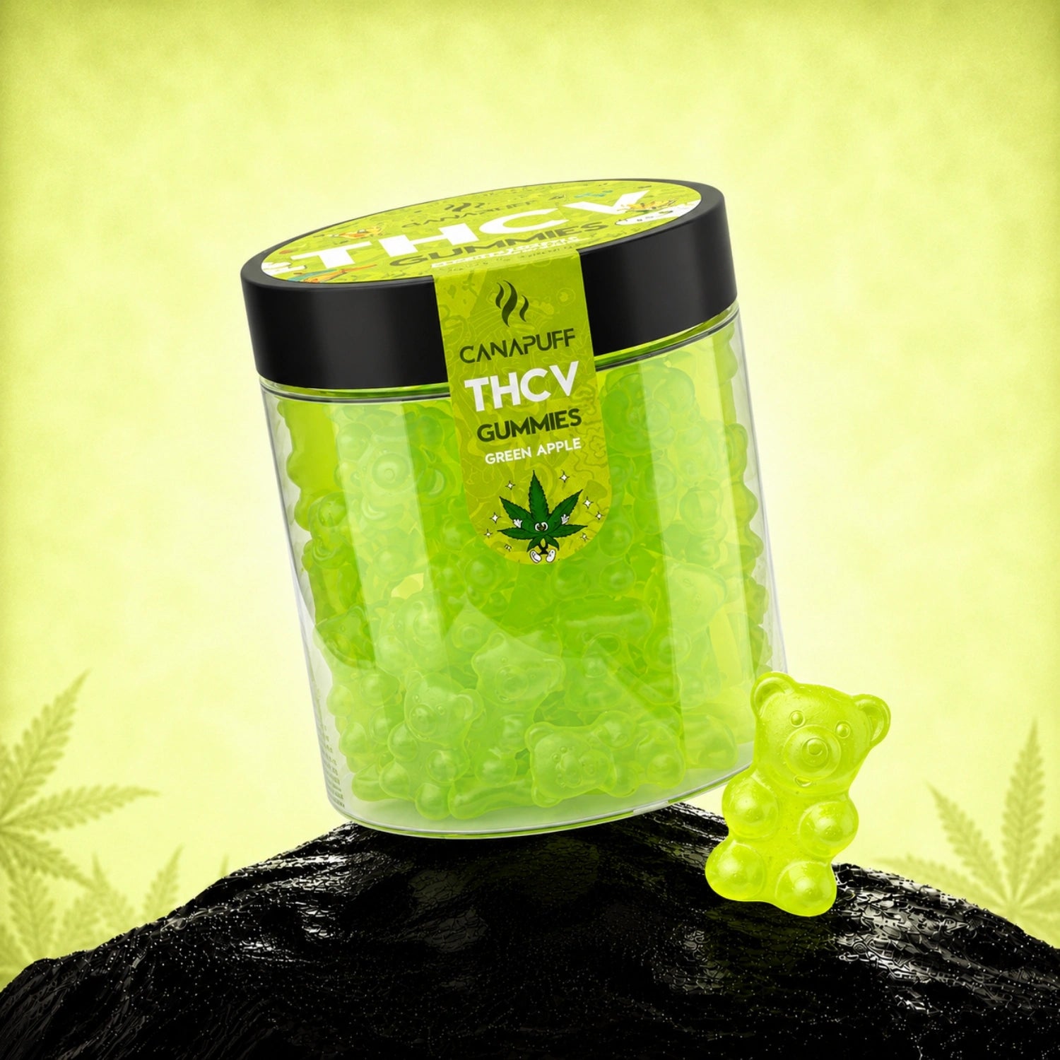 Canapuff THCv Gummies Green Apple in lime green jar with black lid and single gummy displayed