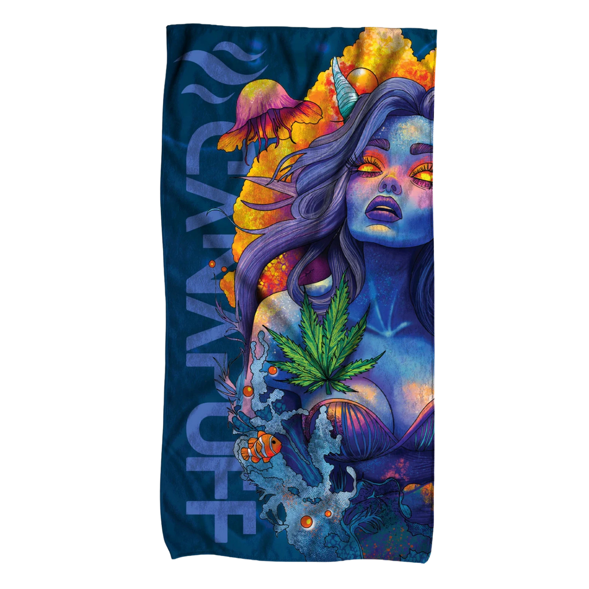 Canapuff Blue Dream towel with colorful psychedelic illustration