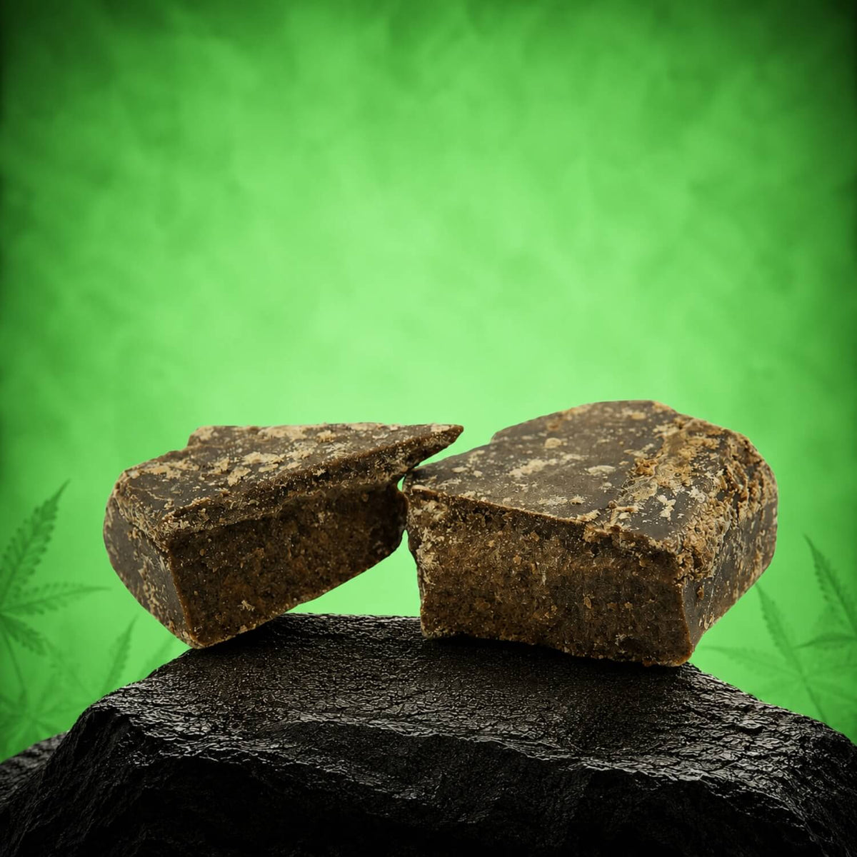 Canapuff Dry Sift Hash, two pieces of dark compressed hash on black stone